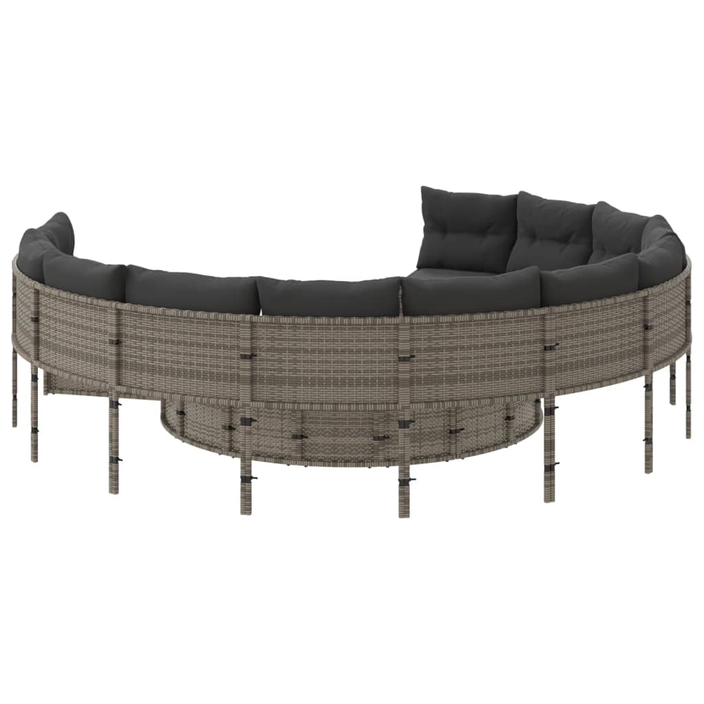 Garden sofa with cushions, gray, poly rattan, round