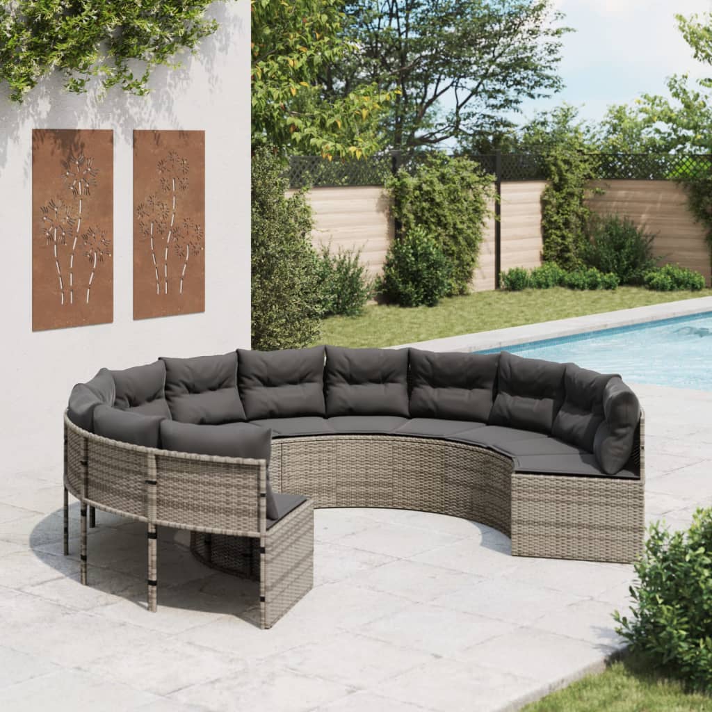 Garden sofa with cushions, gray, poly rattan, round