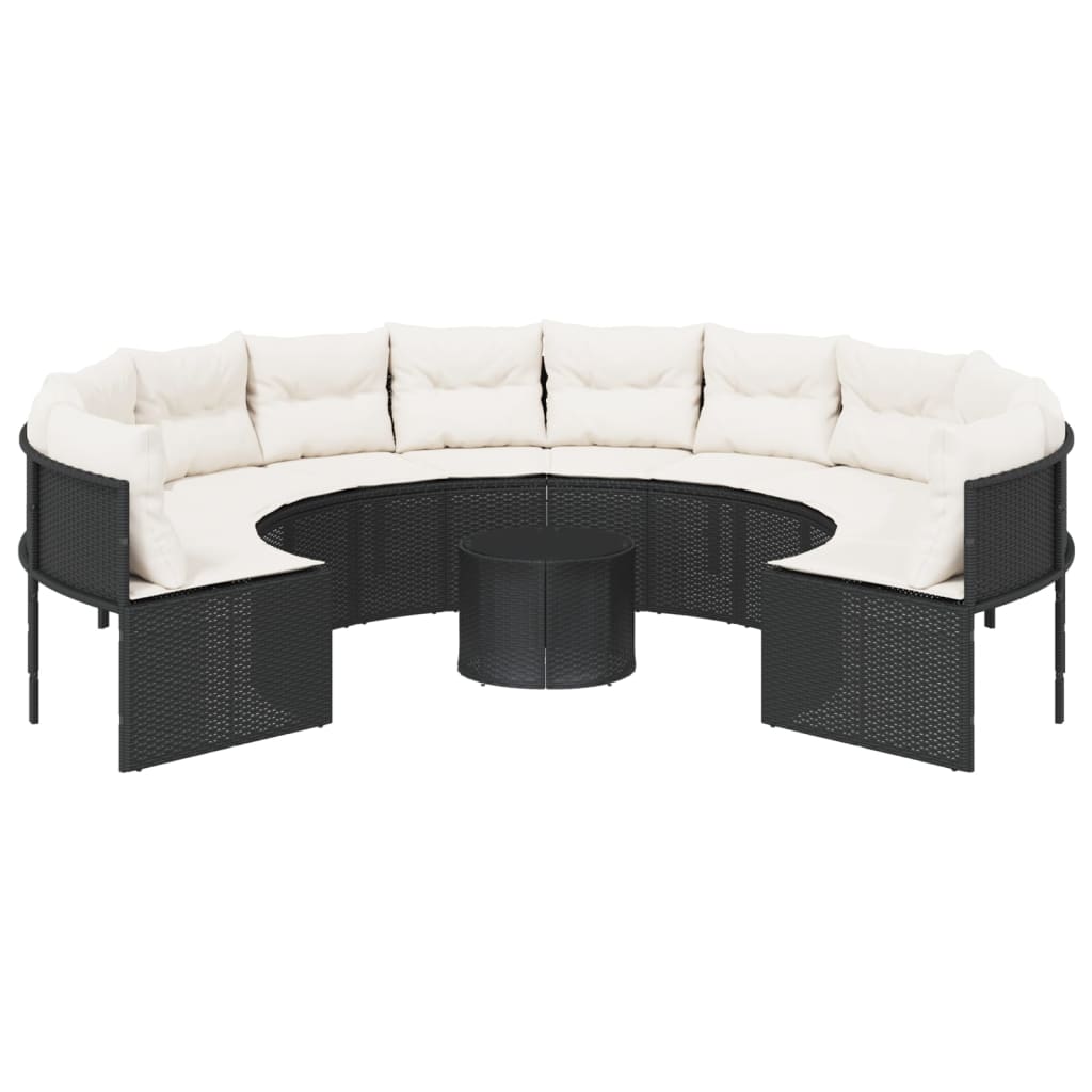 Sodo sofa su stalu/pagalvėlėmis, juoda, poliratanas, apvali