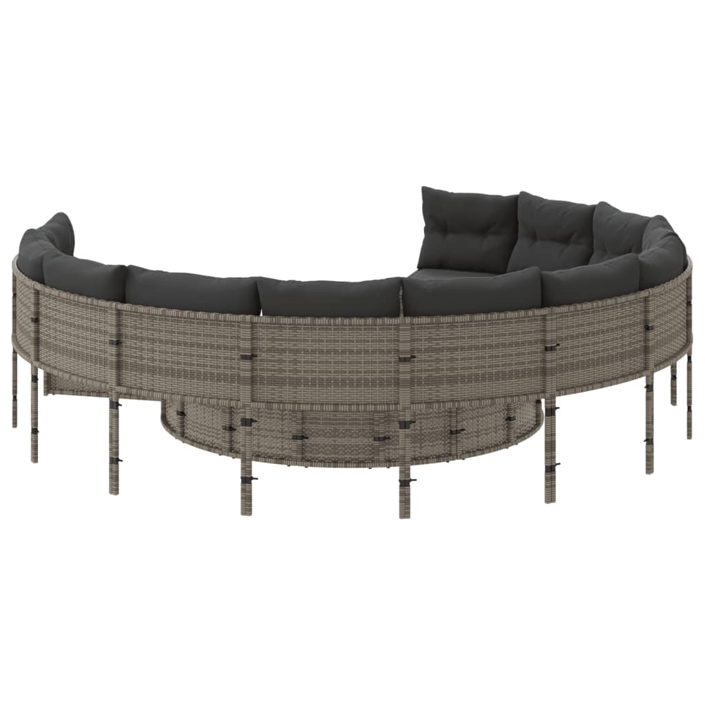 Sodo sofa su stalu/pagalvėlėmis, pilka, poliratanas, apvali