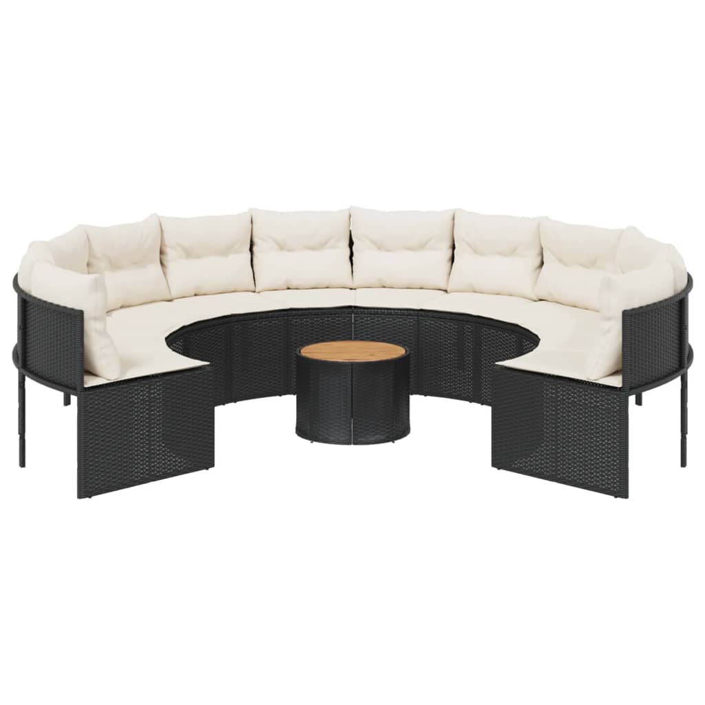 Sodo sofa su stalu/pagalvėlėmis, juoda, poliratanas, apvali