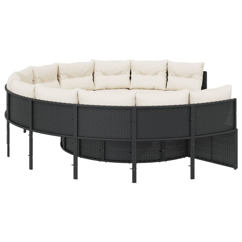 Sodo sofa su stalu/pagalvėlėmis, juoda, poliratanas, apvali