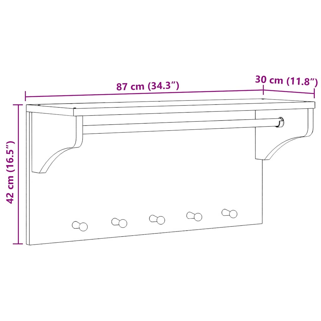 Wall-mounted coat rack "SANDNES" 87x30x42 solid pine