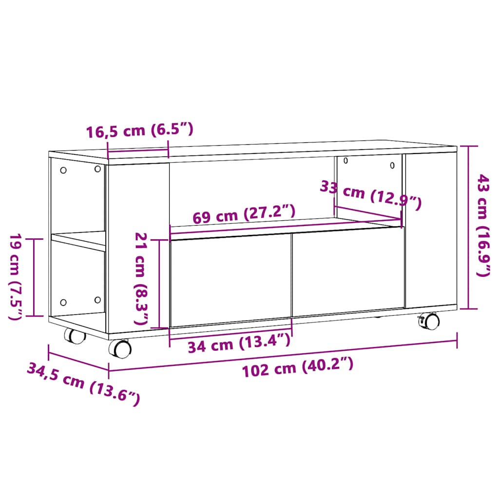 TV stand with castors, wood, 102x34.5x43cm, wood