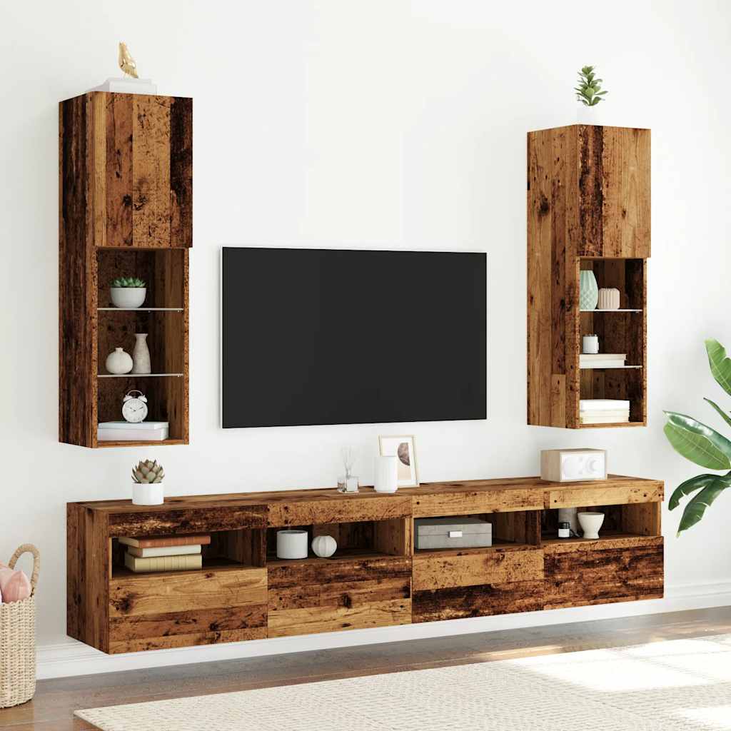 TV Cabinets with LED Lights, 2 pcs., Wood, 30.5x30x102 cm