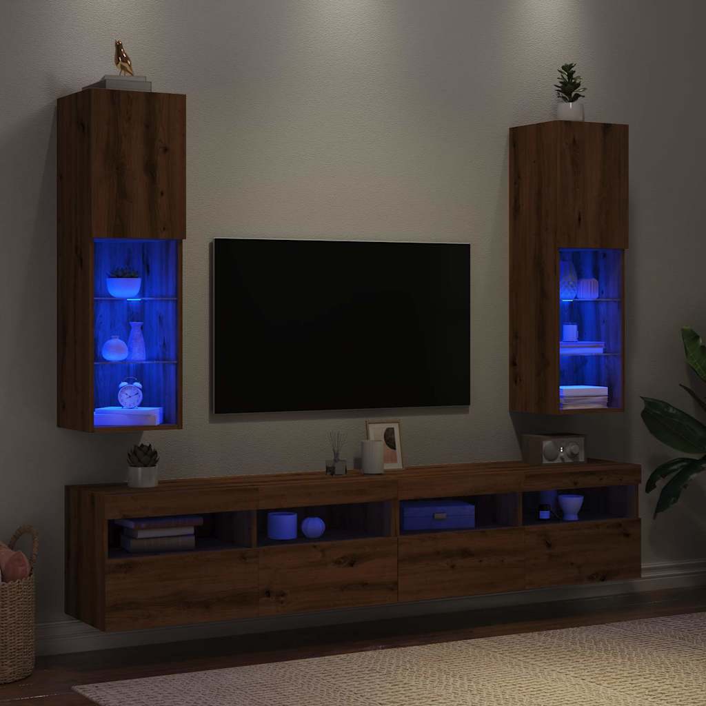 TV skapji ar LED gaismām, 2 gab., brūns ozols, 30,5x30x102cm