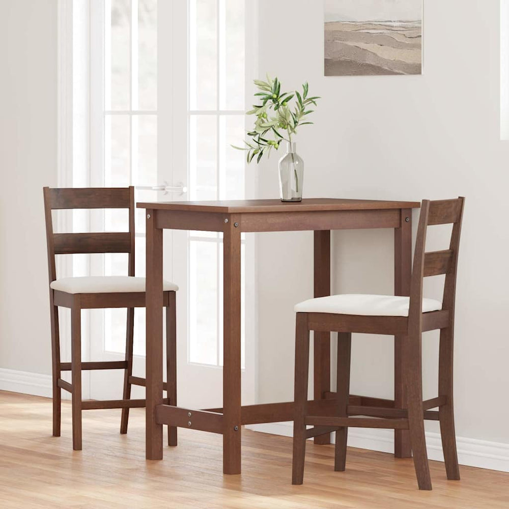 2 brown solid rubber wood bar stools with cushions