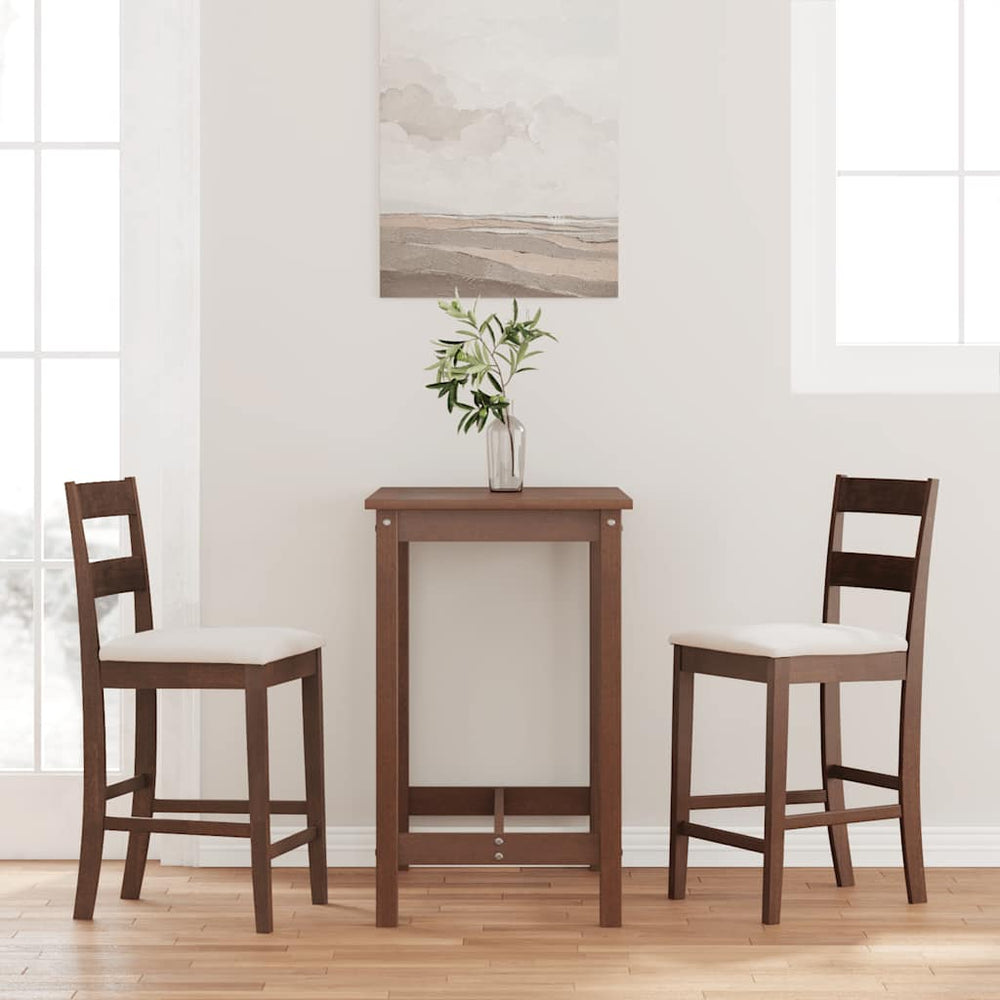 2 brown solid rubber wood bar stools with cushions