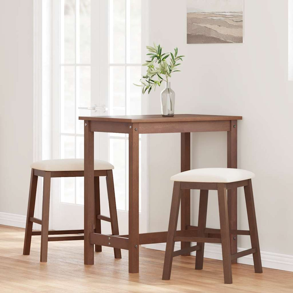 2 Brown solid rubberwood bar stools with cushions