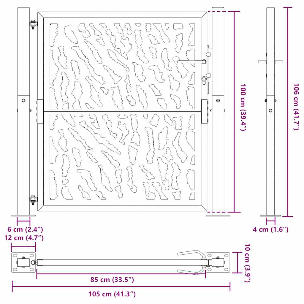 sodo vartai juodi 105x106 cm plieno pėdsakų dizainas