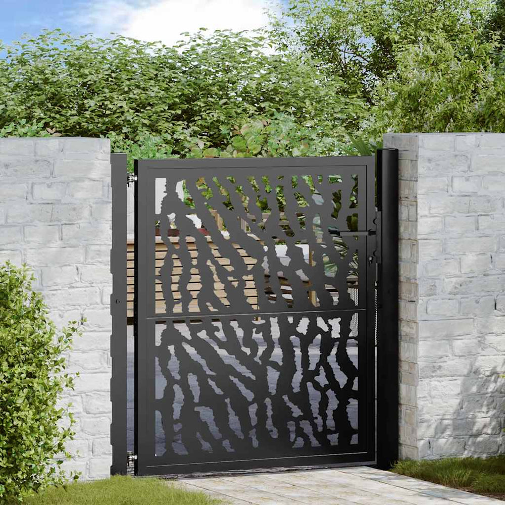sodo vartai juodi 105x106 cm plieno pėdsakų dizainas