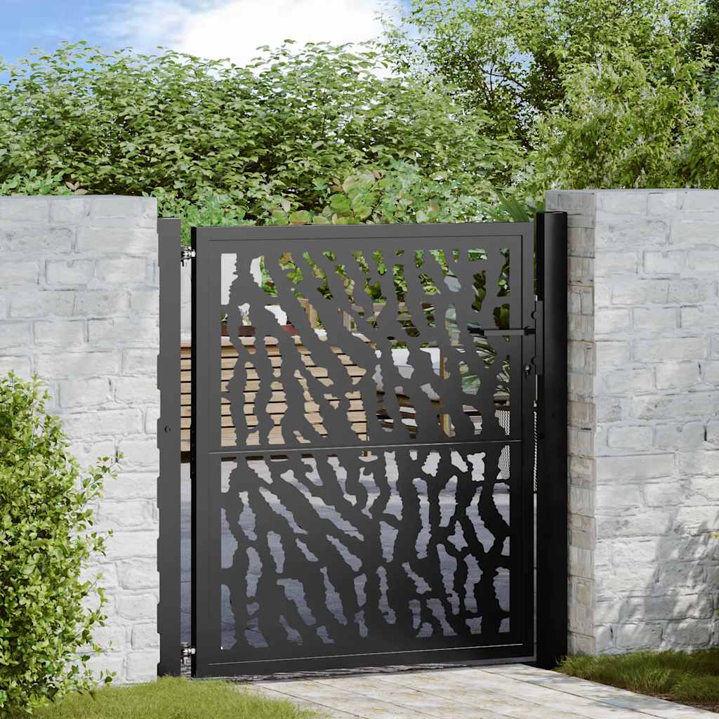 sodo vartai juodi 105x106 cm plieno pėdsakų dizainas