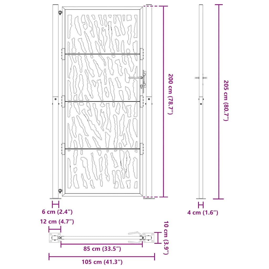sodo vartai juodi 105x205 cm plieno pėdsakų dizainas