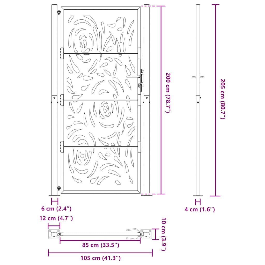 sodo vartai juodi 105x205 cm plieno liepsnos dizainas