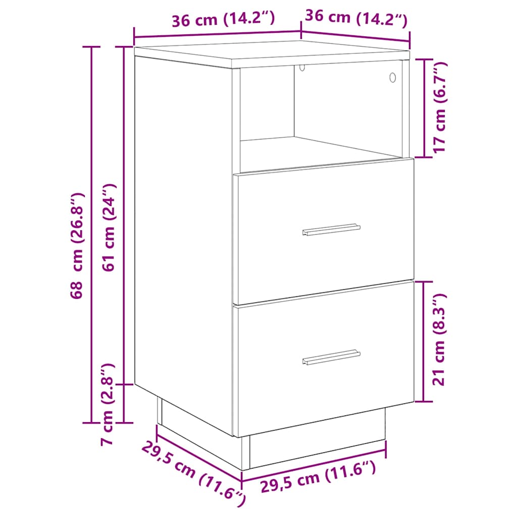 Nightstand with 2 drawers, gray, 36x36x68cm