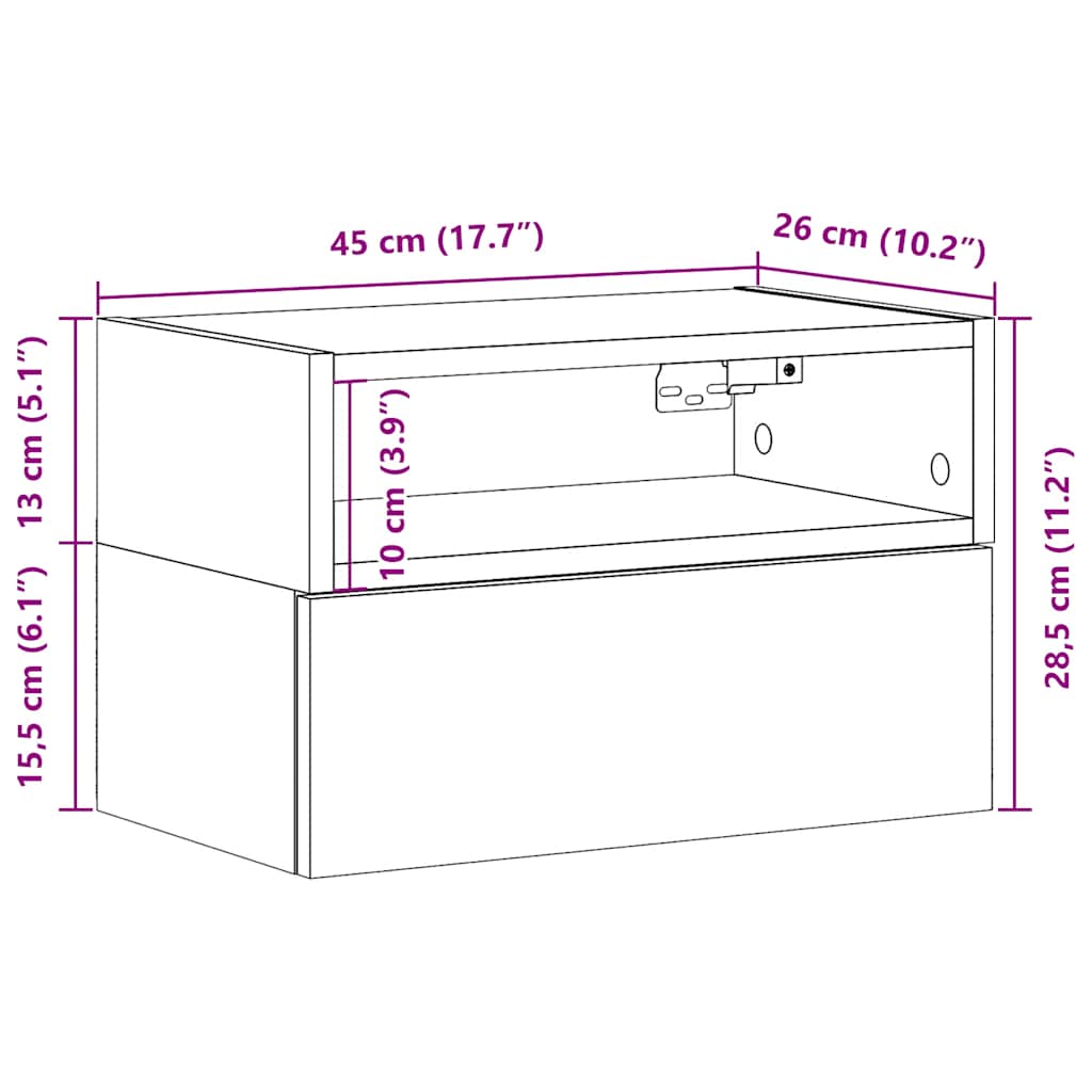 Wall-mounted nightstand, gray, 45x26x28.5cm