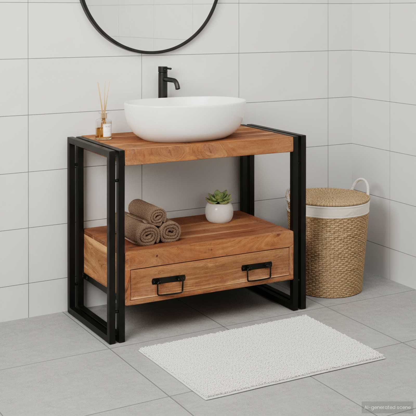 Mirrored Cabinet with a Drawer Brown Solid Acacia Wood