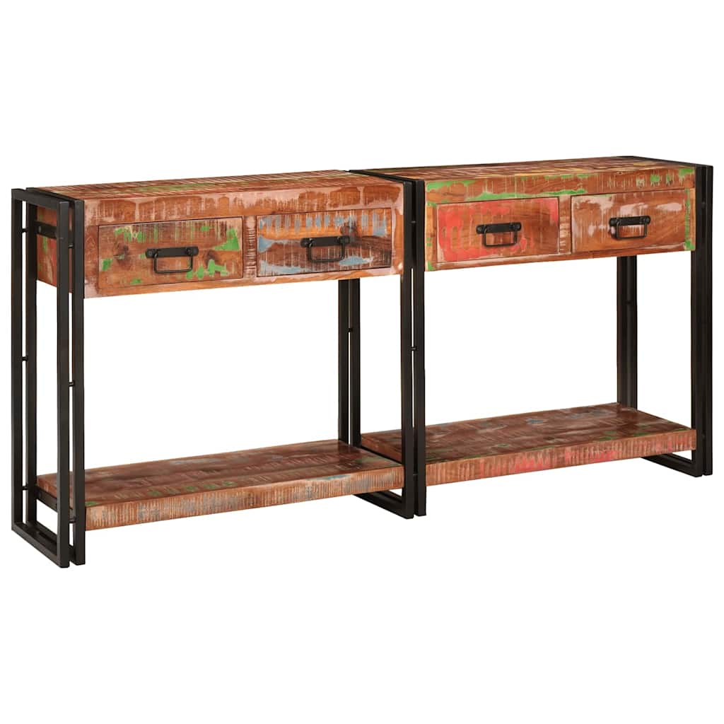 Console table set of 2 with drawers, Multicolored, made of solid reclaimed wood