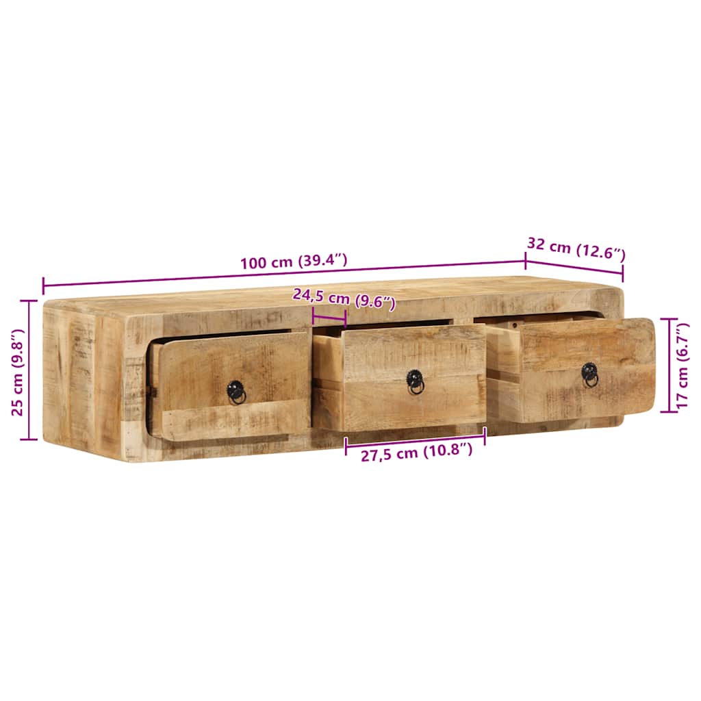 Prie sienos montuojama televizoriaus spintelė, 100x32x25 cm, masyvi mango mediena