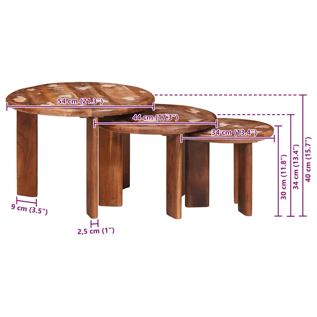 Sustūmiami staliukai 3 pcs Kieta atnaujinta mediena