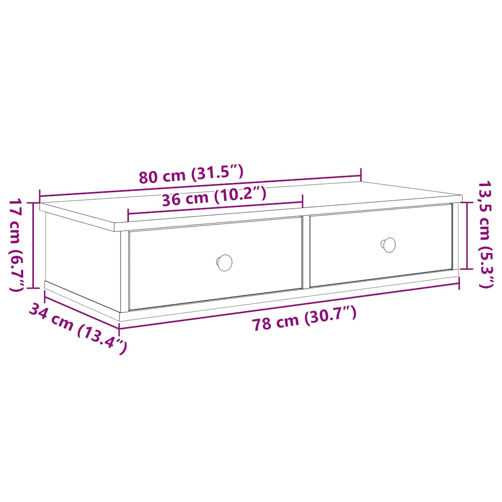 Wall shelf with drawers, concrete gray, 80x34x17cm