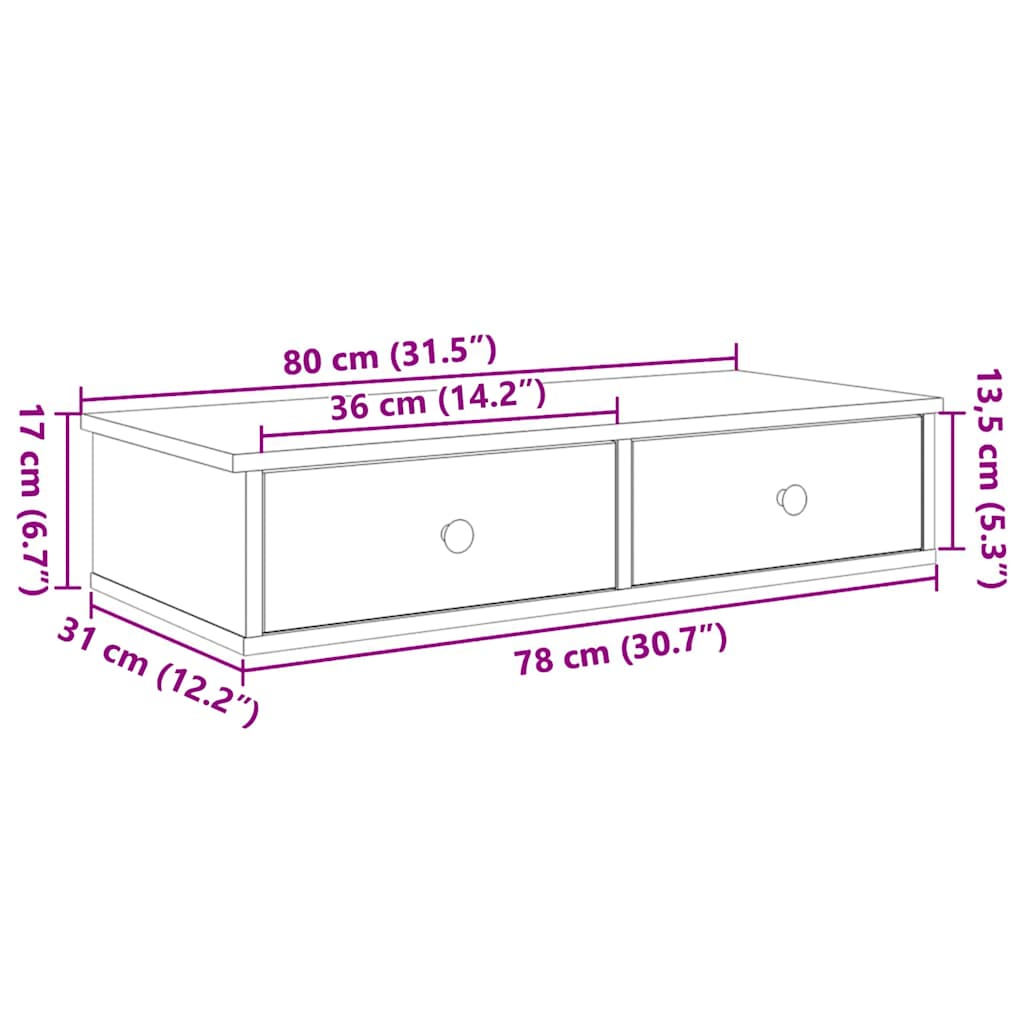 Wall shelf with drawers, grey oak, 80x34x17cm
