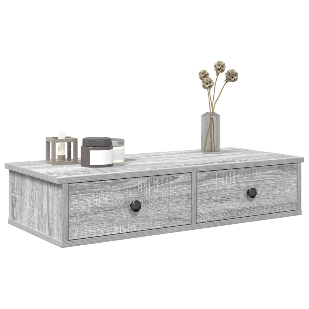 Wall shelf with drawers, grey oak, 80x34x17cm