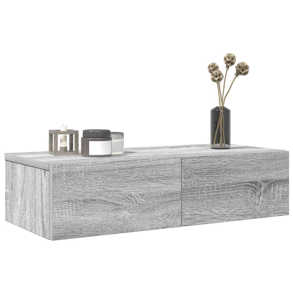 Wall shelf with drawers, grey oak, 60x26.5x15cm