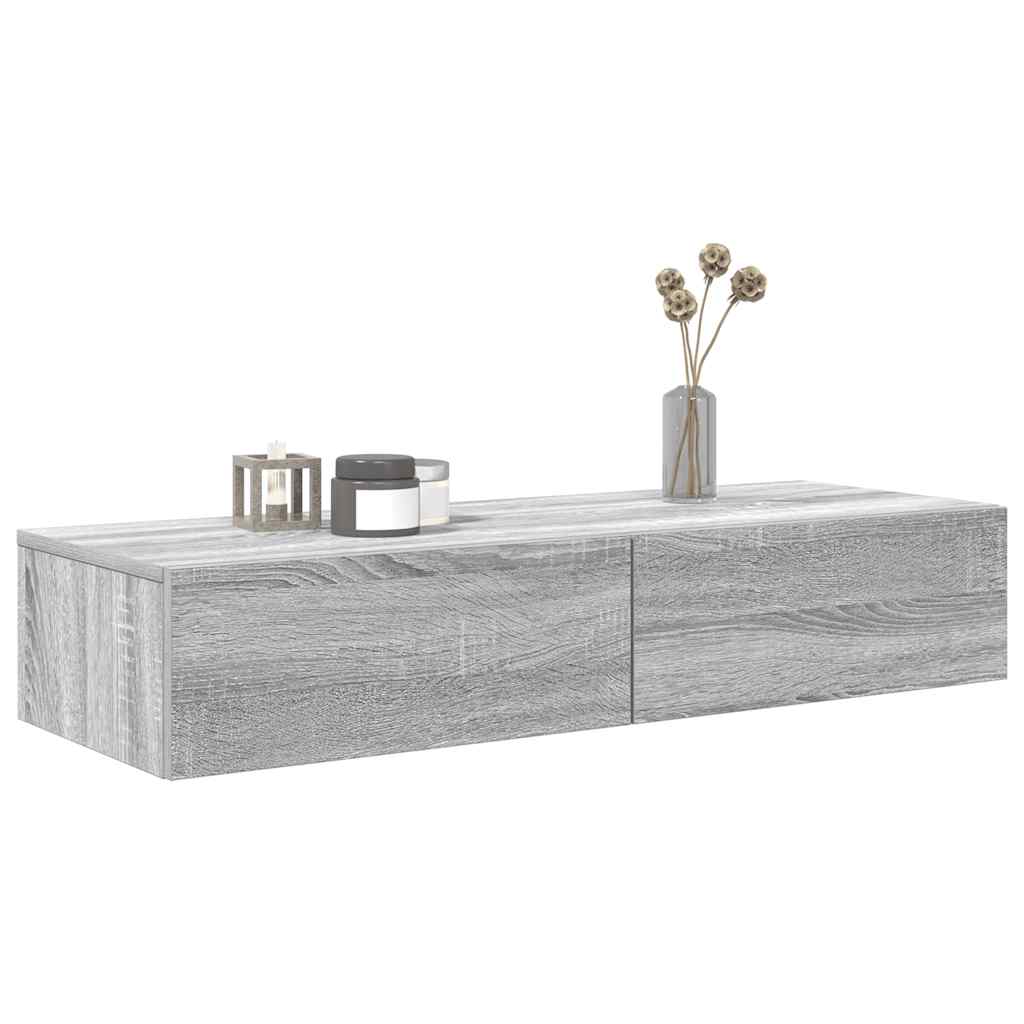 Wall shelf with drawers, gray oak, 100x36x19cm