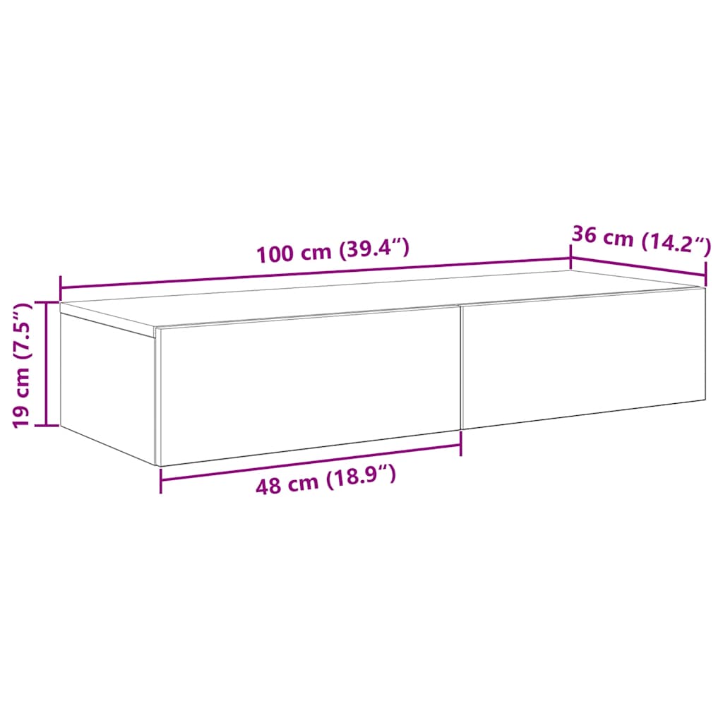 Wall shelf with drawers, gray oak, 100x36x19cm