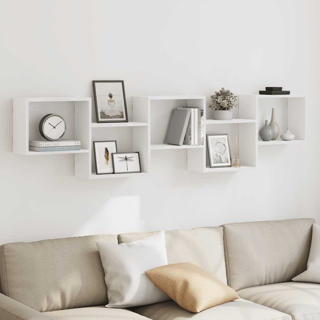 Wall shelf, 5 compartments, white, wood, cube-shaped