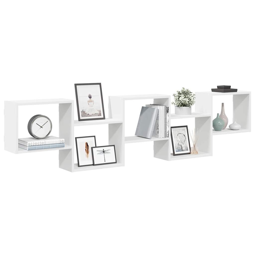 Wall shelf, 5 compartments, white, wood, cube-shaped