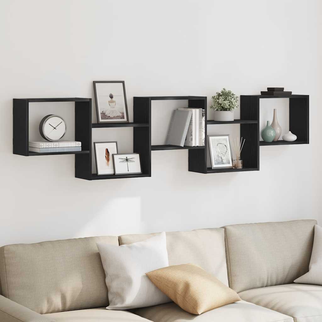 Wall shelf, 5 compartments, black, wood, cube-shaped
