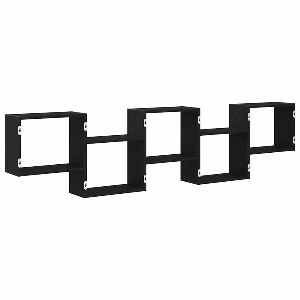 Wall shelf, 5 compartments, black, wood, cube-shaped