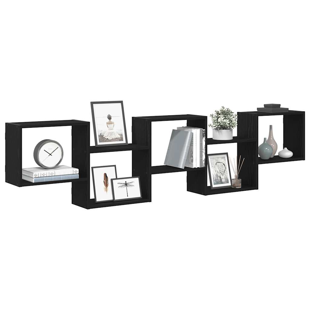 Wall shelf, 5 compartments, black, wood, cube-shaped