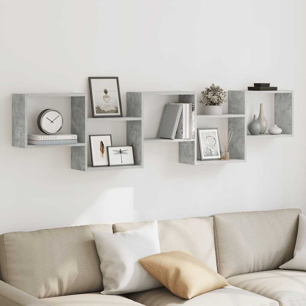 Wall shelf, 5 compartments, concrete grey, wood, cube-shaped