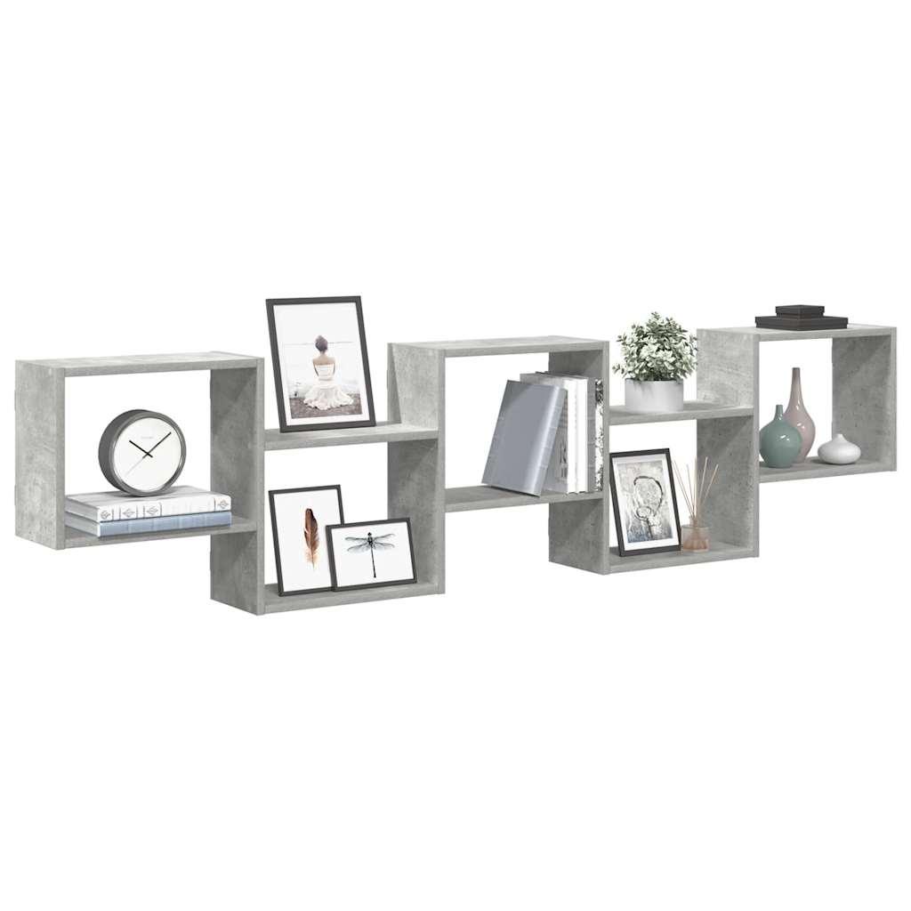 Wall shelf, 5 compartments, concrete grey, wood, cube-shaped