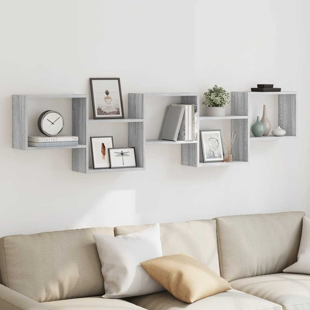 Wall shelf, 5-tier, grey oak, wood, cube