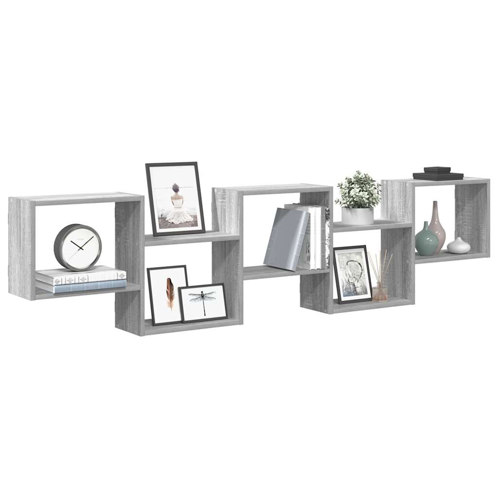 Wall shelf, 5-tier, grey oak, wood, cube