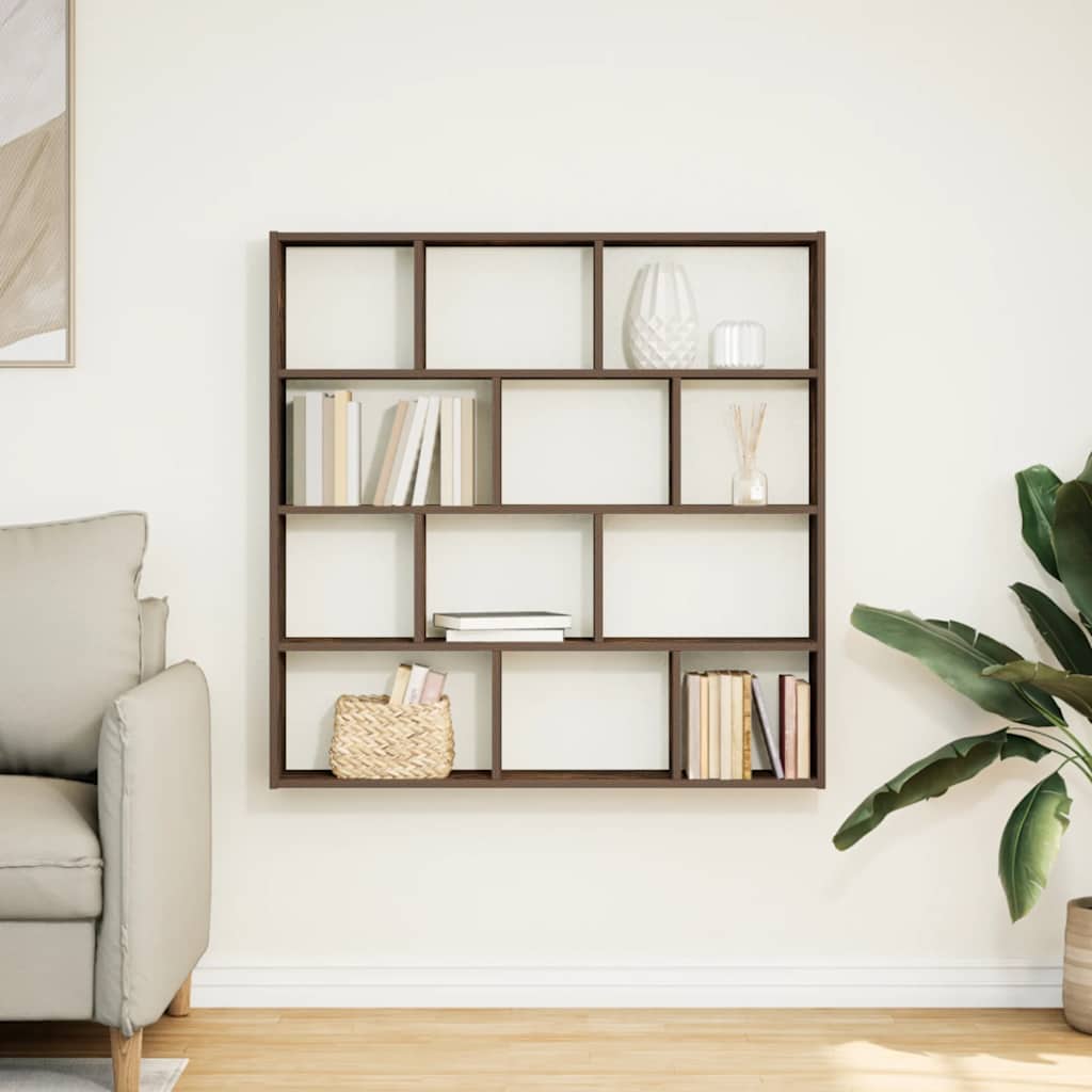Wall shelf, 12 compartments, smoke, wood, cube-shaped