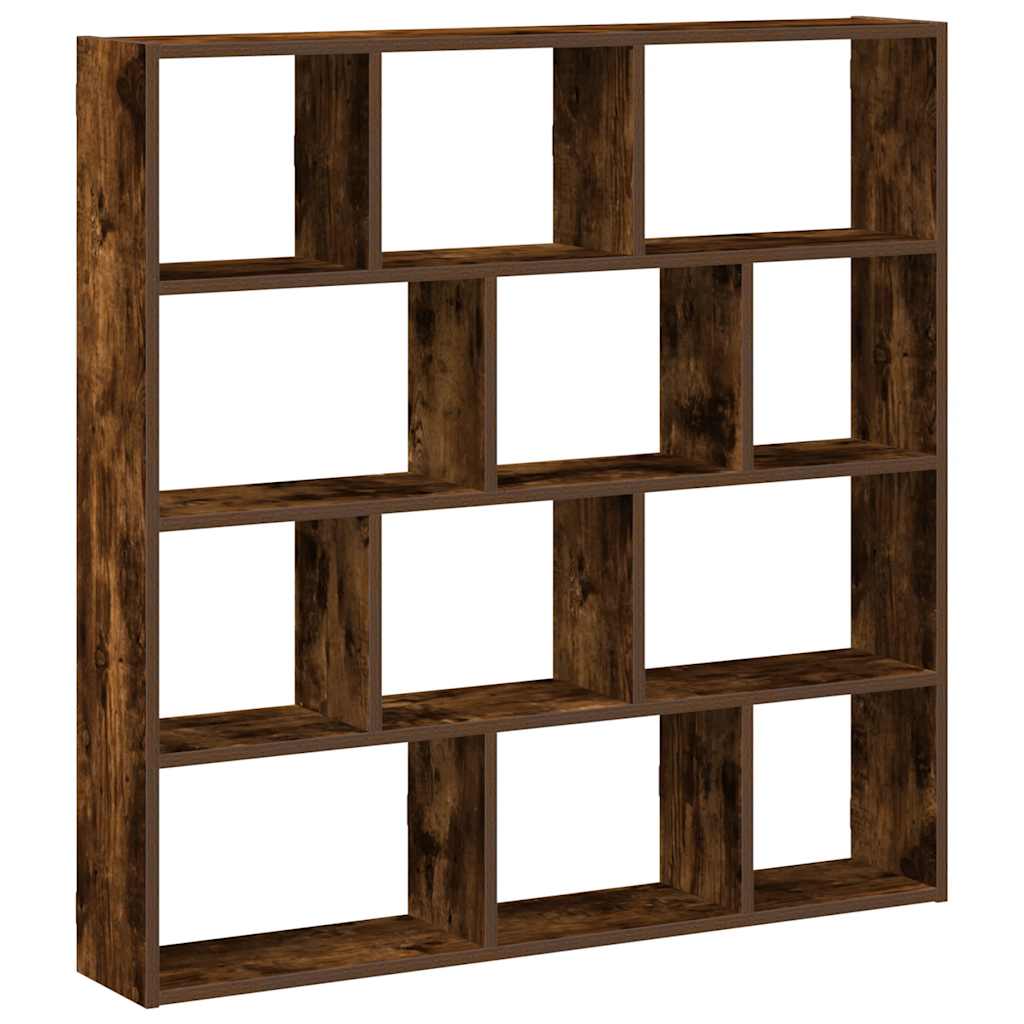 Wall shelf, 12 compartments, smoke, wood, cube-shaped