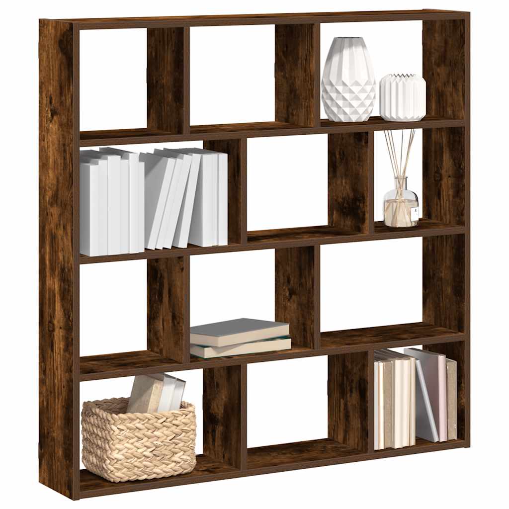 Wall shelf, 12 compartments, smoke, wood, cube-shaped