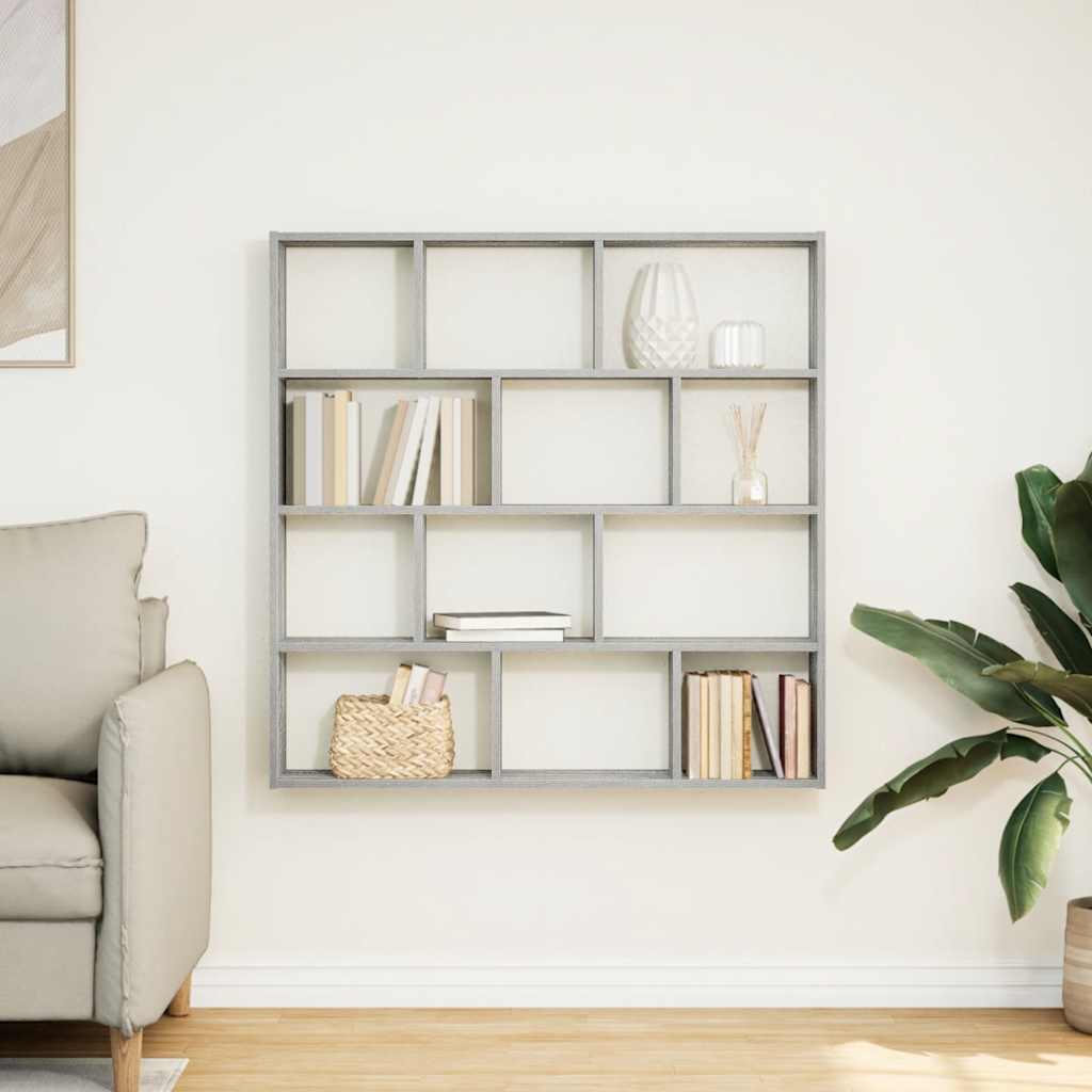 Wall shelf, 12 compartments, grey oak, wood, cube-shaped