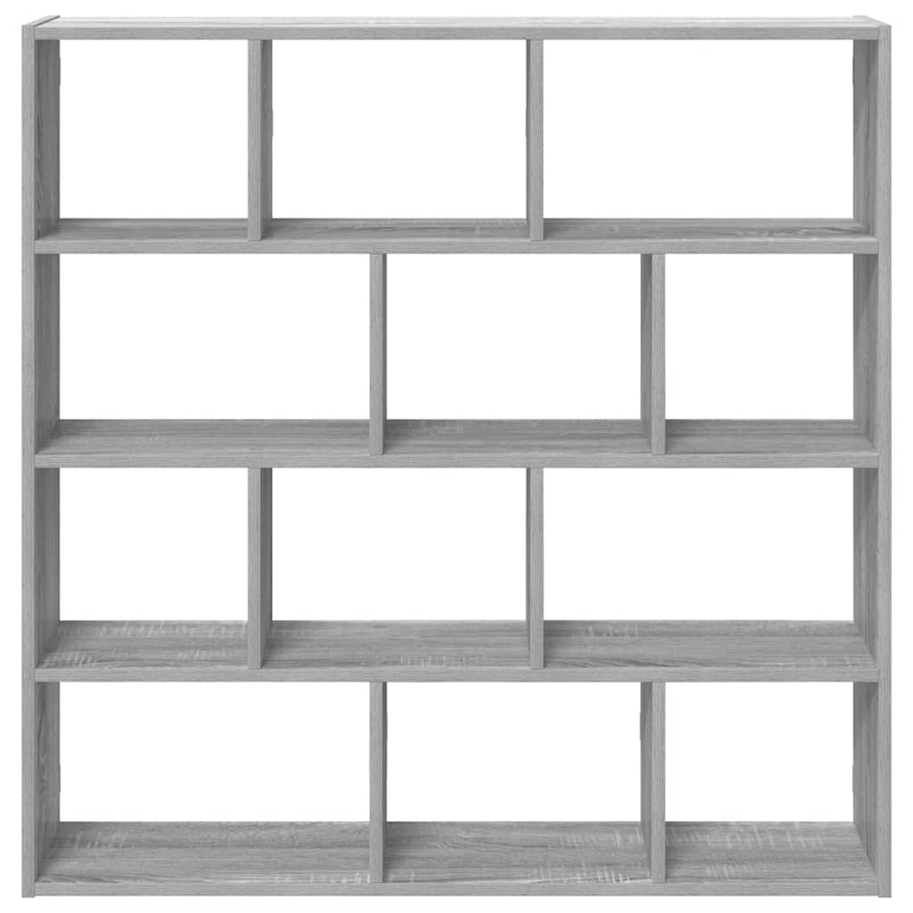 Wall shelf, 12 compartments, grey oak, wood, cube-shaped