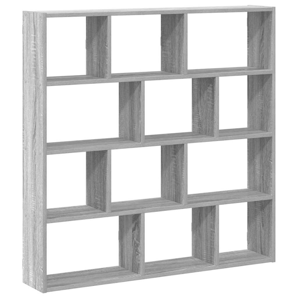 Wall shelf, 12 compartments, grey oak, wood, cube-shaped