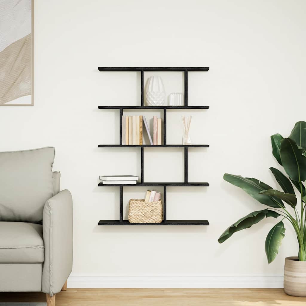 Wall shelf, 12 compartments, black, wood, cube-shaped
