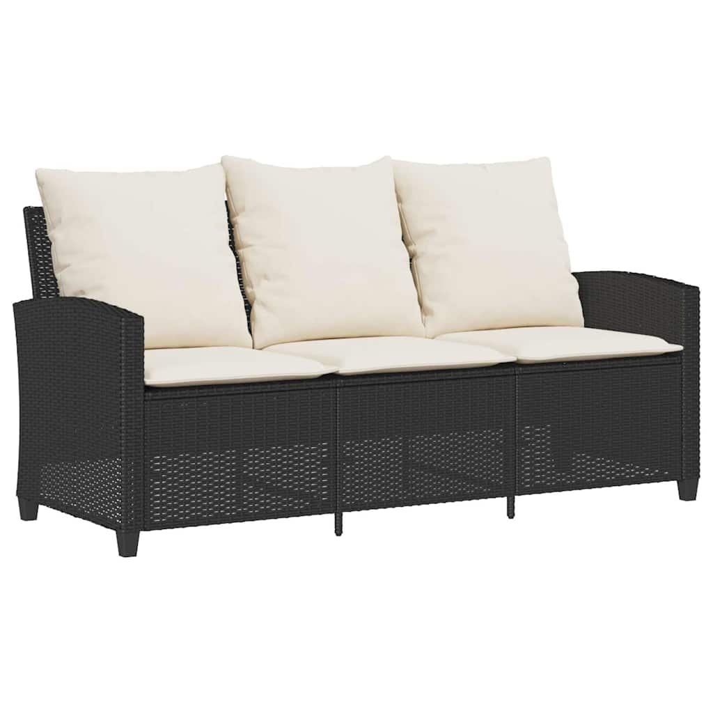 Sodo sofa, 3 vietų, su pagalvėlėmis ir stalu, juoda, poliratanas