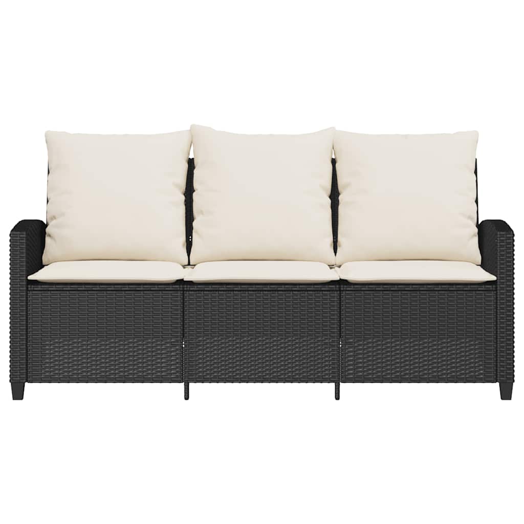 Sodo sofa, 3 vietų, su pagalvėlėmis ir stalu, juoda, poliratanas