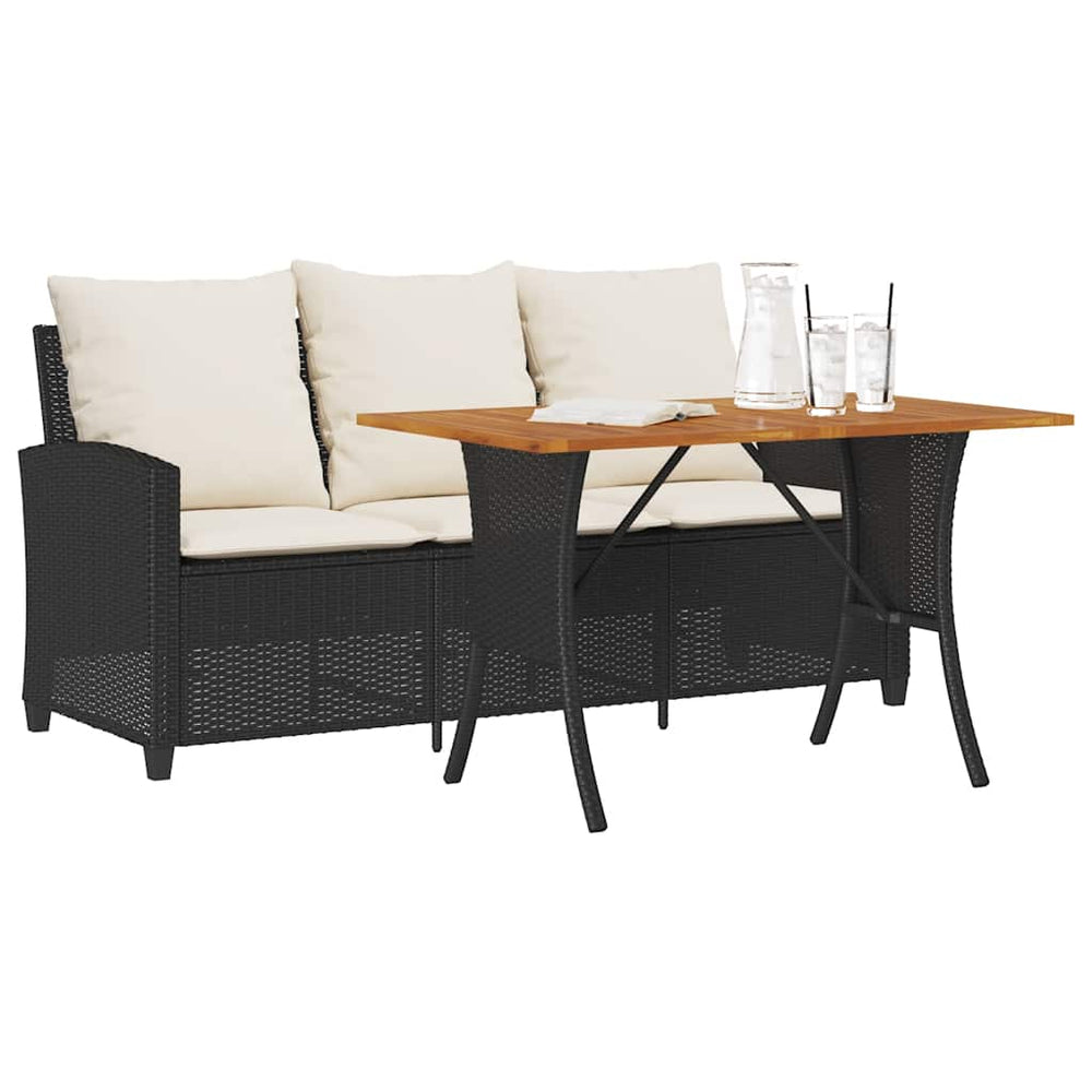 Sodo sofa, 3 vietų, su pagalvėlėmis ir stalu, juoda, poliratanas