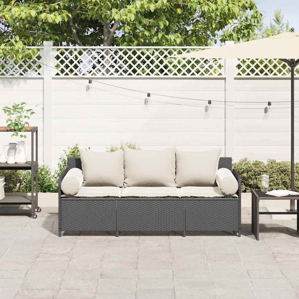 Sodo sofa su pagalvėlėmis, 3 sėdimos vietos, juodas, poliratanas